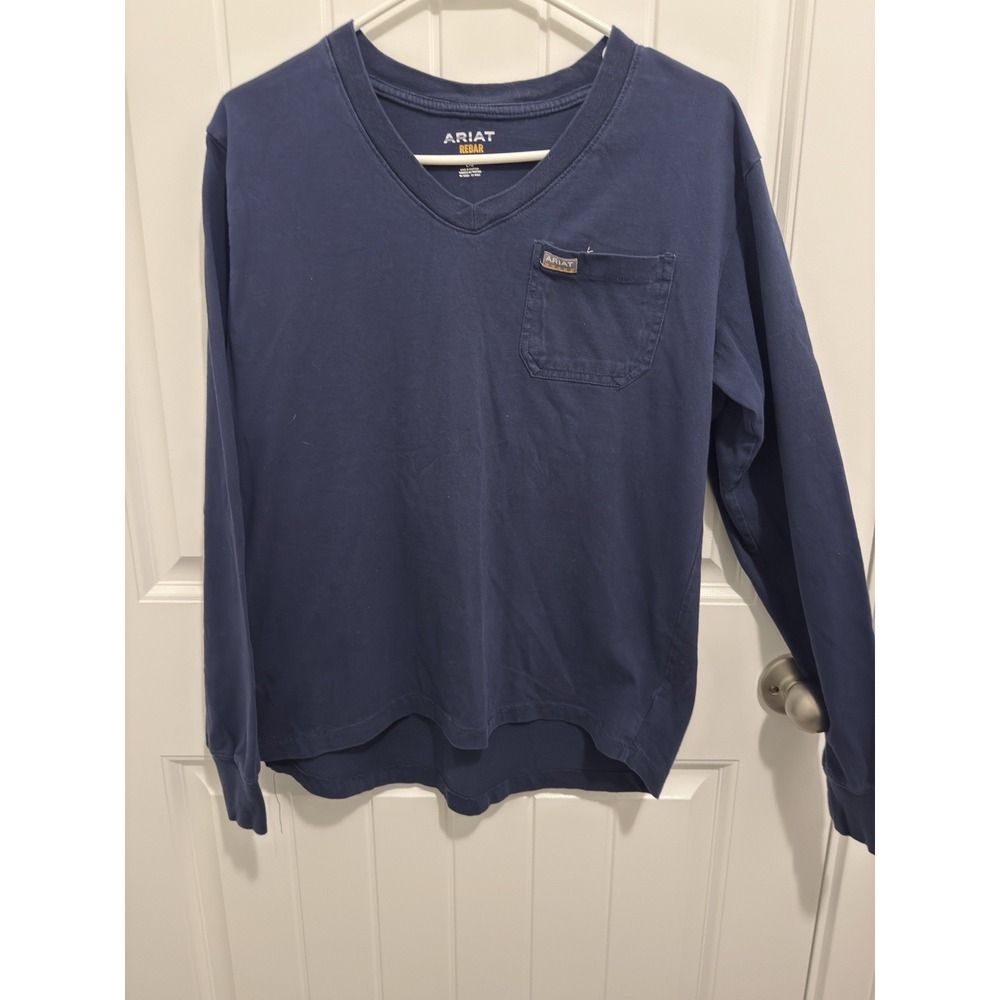 Ariat Rebar Womens Navy V-Neck‎ Long Sleeve Pocket T-Shirt Graphic Flag Large